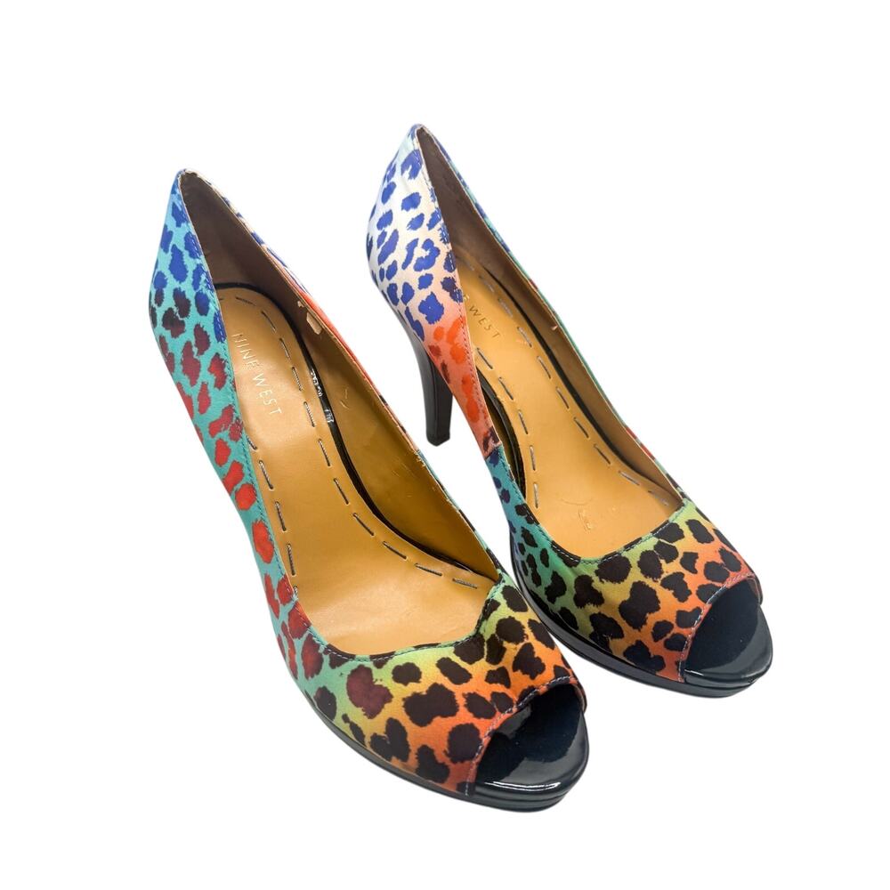 Nine West multicolor rainbow leopard print peep toe pumps size 8